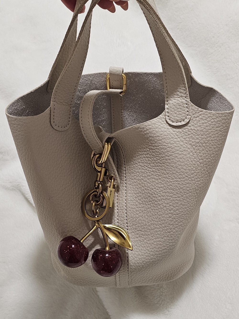 Cream Mini Bucket Bag w/ Cherry Charm | New w Dust Bag | Crossbody + Top Handle